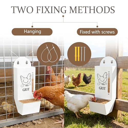 Chicken Grit and Oyster Shell Feeder, Poultry Feeder with Visual Window, No-Mess Weatherproof, Metal Hanging Gravity Chicken Feeder, Chicken Coop Accessories (Oyster-White) - color: White