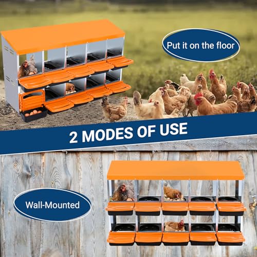 Nesting Boxes for Chickens, 10 Compartments Chicken Nesting Box, Chicken Laying Boxes with Lid Cover, Roll Away Nesting Box for Chickens Laying Egg, Orange