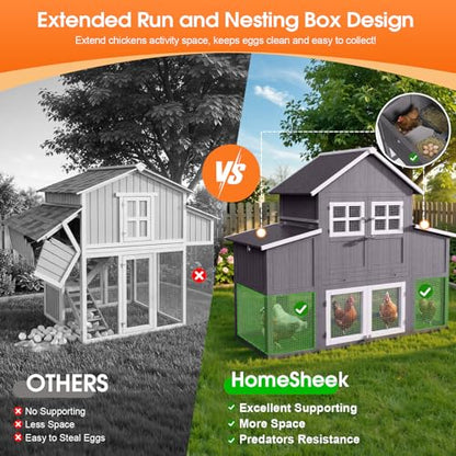 Large Chicken Coop for 6-10 Chickens, Outdoor Predator Proof Wooden Hen House Design with 2 Nesting Boxes and Weatherproof Roof, Easy to Clean Poultry Cage for Outsides
