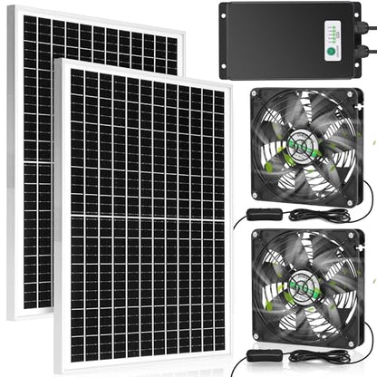 blessny 5.5" Solar Rechargeable 2 Fan Kit for Intake or Exhaust air, Weatherproofed 50W Solar Powered Fans for Outside Chicken Coops, Greenhouses, Shed, Pet House Air Ventilation - size: 2 Fan Large Kit