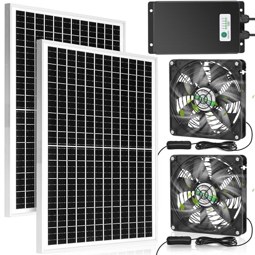 blessny 5.5" Solar Rechargeable 2 Fan Kit for Intake or Exhaust air, Weatherproofed 50W Solar Powered Fans for Outside Chicken Coops, Greenhouses, Shed, Pet House Air Ventilation - size: 2 Fan Large Kit