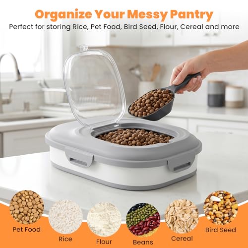 30 Lbs Dog Food Storage Container with Wheels, Collapsible Pet Food Storage Container with Clear Window, Measuring Cup & Scoop, BPA Free Cat Food Container for Rice, Flour, Grain, Bird Seed - color: Grey/30lbs