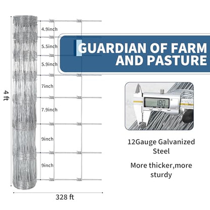 Livestock Fence, 4Ft x 328Ft Galvanized Wire Fencing, Cattle Farm Fence, Heavy Zinc Coated Deer Goat Cattle Fence for Farm Yard Livestock Protection - size: 4FT x 328FT