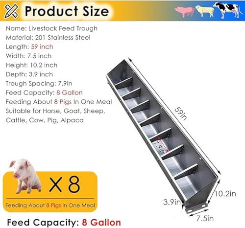 Fengfei Heavy Duty Stainless Steel Hanging Livestock Feed Trough, Sloped Opening for Easy Feeding, Separated Fence Design for Pig Sheep Cattle,59 inch Long with 8 Bit | Sloped Opening for Easy Feeding, Separated Fence Design, For Pig Sheep Cattle - size: