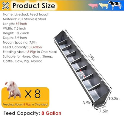 Fengfei Heavy Duty Stainless Steel Hanging Livestock Feed Trough, Sloped Opening for Easy Feeding, Separated Fence Design for Pig Sheep Cattle,59 inch Long with 8 Bit | Sloped Opening for Easy Feeding, Separated Fence Design, For Pig Sheep Cattle - size: