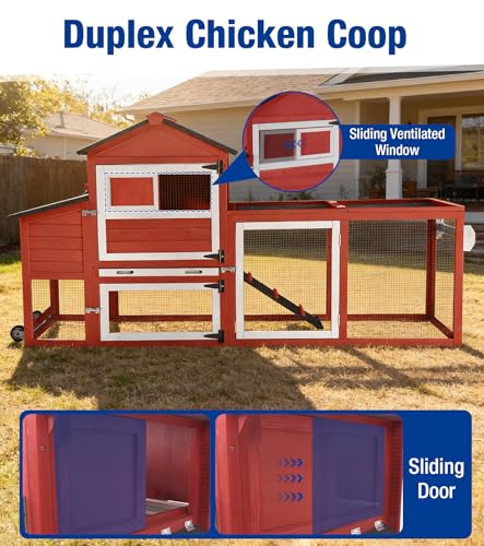 Chicken Coop with Run Mobile Chicken Coop with Wheels Duplex Hen House with Nesting Box Slide-Out Cleaning Tray Predator-Resistant Chicken Cage for Outdoor Backyard Red - color: Red