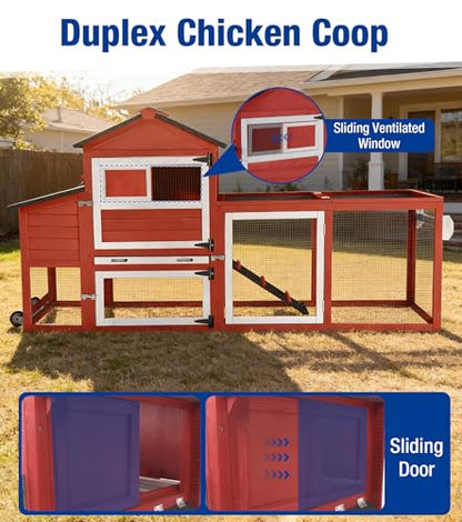 Chicken Coop with Run Mobile Chicken Coop with Wheels Duplex Hen House with Nesting Box Slide-Out Cleaning Tray Predator-Resistant Chicken Cage for Outdoor Backyard Red - color: Red