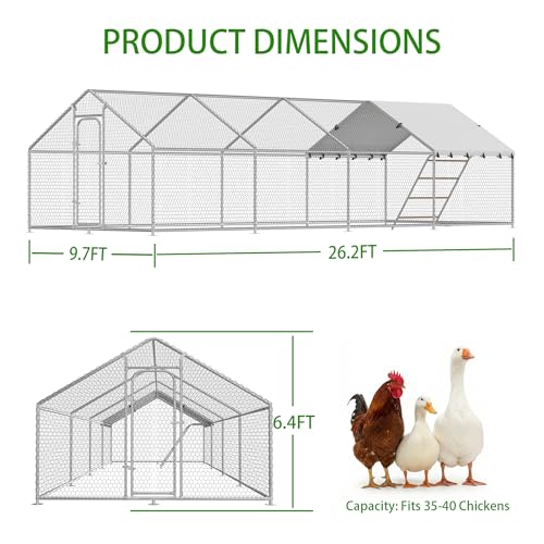 Large Metal Chicken Coop with Roosting Perch, Waterproof and UV Protection Cover, Chicken Run Outdoor Walk-in Cage Chicken Rabbit Duck Hen House for Yard Farm Use Spire Roof (10’ W x 26.2’ L x 6.4’ H) - size: 315.0"L x 118.0"W x 78.0"H