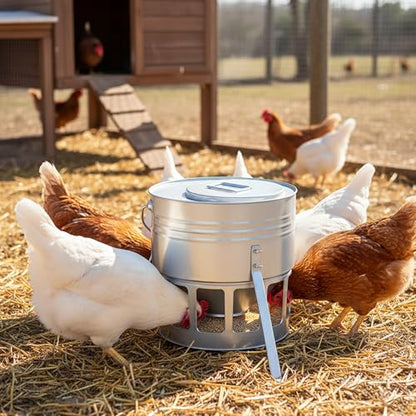 KOL Metal Chicken Feeder - 20lbs No Waste Chicken Feeder with 12 Ports, Powder Coated Rust-Proof Design & Smooth Edges for Safe Feeding (Silver) - color: Silver