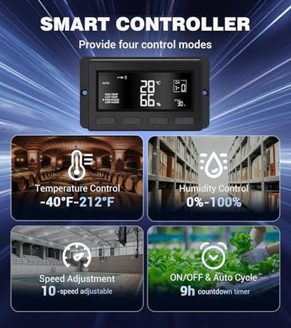YOZON 10 Inch Attic Fan with Thermostat, Garage Exhaust Fan with Smart Temperature Humidity Controller, EC Motor, 700 CFM, 10-Speed Adjustable for Chicken Coops, Greenhouses, Workshop Ventilation