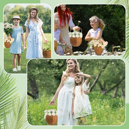 2 Pack Wicker Easter Basket, Scalloped Easter Baskets with Handle, Hand Woven Picnic Basket Rattan Storage Baskets for Egg Hunt Organizing Party Gifts Favors
