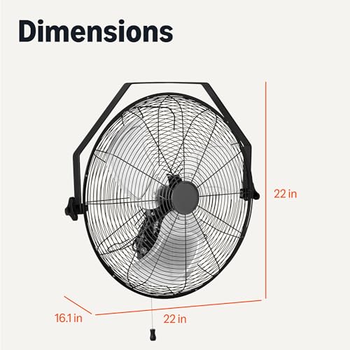 Amazon Basics 18" Indoor Wall-Mounted Industrial Fan with Three Speeds, High CFM, Heavy-Duty Metal Blades, Tilt Head, for Commercial Use, Warehouse, Basement, Black - style: Wall Mounted Fan