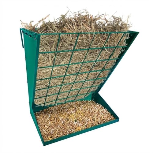 2 in 1 Wall Mounted Hay & Grain Feeder, Livestock Hay Rack with Adjustable Mounting Distance, Hanging Feed Box for Goats, Sheep, Horses, Cattle, Indoor Outdoor Farm & Barn Use, Green - color: Green