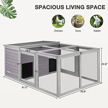 Chicken Coop Large Wooden Rabbit Hutch Indoor Outdoor with 2 Living House ANG PVC Layer for Chicken, Hutch, Ducks - size: 61"L x 40"W x 26"H