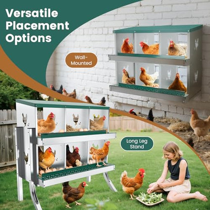 6 Compartment Chicken Nesting Box with Elevated Metal Legs Heavy | Protect Eggs Under Lid; Support Poultry Nesting; Slide Tray For Cleaning; Improve Nest Cleanliness; Metal Poultry Nest Box - color: Green&Silver