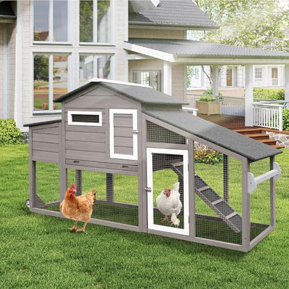 Chicken Coop with Wheels, Weatherproof Outdoor Chicken Hen Houses with Run, 2 Story Wooden Poultry Coops Rabbit Hutch for 2-3 Chickens Bunny with Leakproof Tray, Nesting Boxes, Ramp - color: 79" L Gray