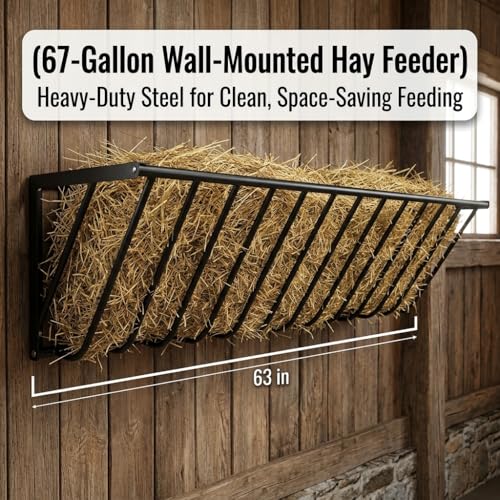 Wall-Mounted Hay Feeder, Carbon Steel Goat Feeder, 67 Gallon Dual-Purpose Rack for Livestock Feed, Blankets, Clothes, 63" x 13" x 17"