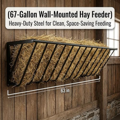 Wall-Mounted Hay Feeder, Carbon Steel Goat Feeder, 67 Gallon Dual-Purpose Rack for Livestock Feed, Blankets, Clothes, 63" x 13" x 17"