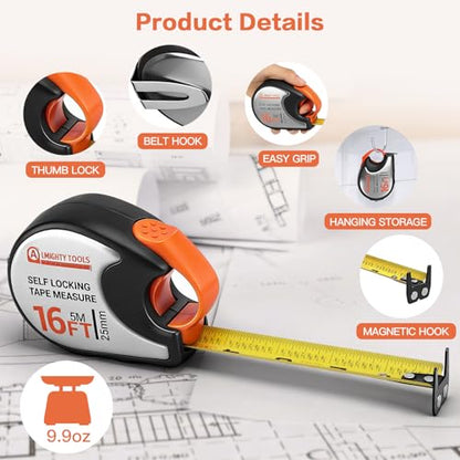 Tape Measure 16ft/5m Self-Locking, Retractable Tape Measure with Fractions, Imperial/Metric Scale, Magnetic Hooks, Rubber + Stainless Steel Case for Home, Construction & DIY (16ft self-Locking) - size: 16ft self-locking