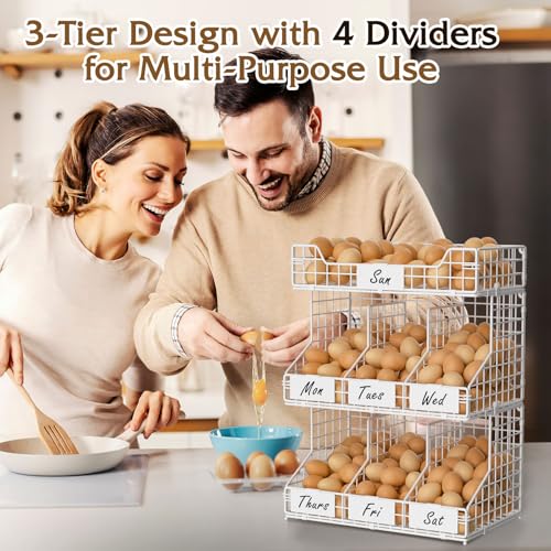 X-cosrack Egg Holder Countertop, 3 Tier Egg Rack with Labels Dividers to Separate Eggs, Stackable Wire Baskets for Fresh Egg, XXL Egg Dispenser for Countertop/Wall-Mounted, White (Patent Pending) - color: White