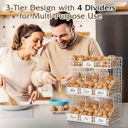 X-cosrack Egg Holder Countertop, 3 Tier Egg Rack with Labels Dividers to Separate Eggs, Stackable Wire Baskets for Fresh Egg, XXL Egg Dispenser for Countertop/Wall-Mounted, White (Patent Pending) - color: White