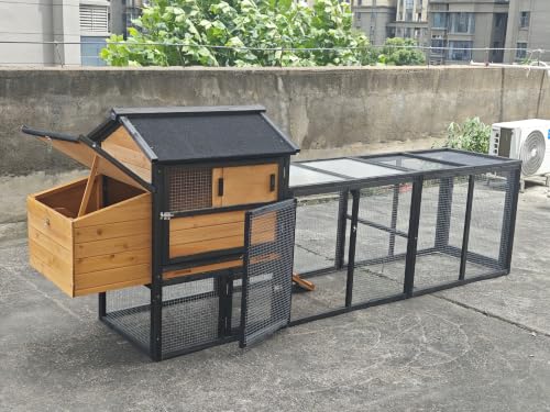 Large Chicken Coop with Run Wooden112.6 Portable Poultry Cage with Hardware Cloth Chicken House for 2-6 Chickens with 2 Nesting Boxes 3 Perches Removable Tray - color: BROWN＆BLACK