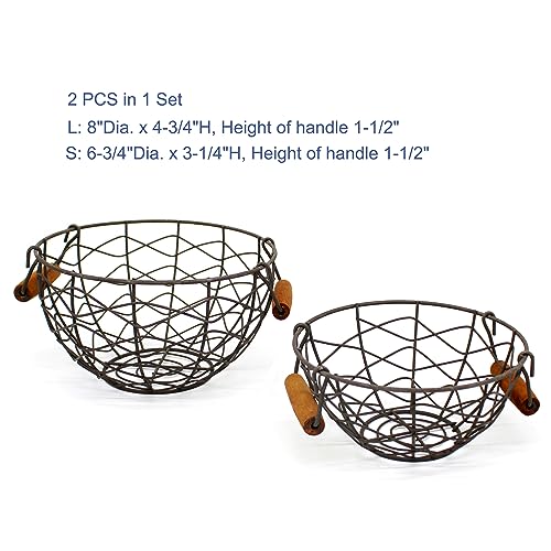 CVHOMEDECO. Round Wire Egg Baskets Rustic Fruit Baskets with Wooden Handles Primitives Vintage Collecting Basket. Rusty, Set of 2