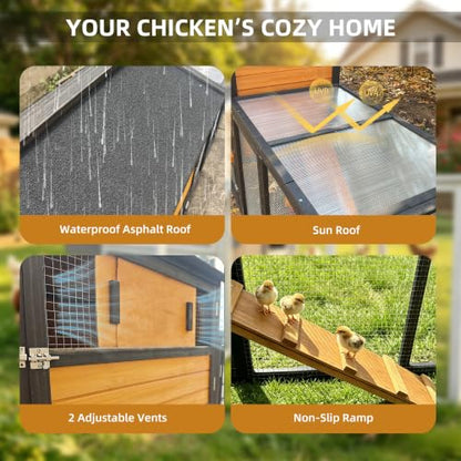 Large Chicken Coop with Run Wooden112.6 Portable Poultry Cage with Hardware Cloth Chicken House for 2-6 Chickens with 2 Nesting Boxes 3 Perches Removable Tray - color: BROWN＆BLACK