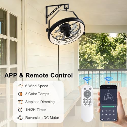 23" Wall Mount Fan with Light,3 CCT, Dimmable,Quiet 6 Speed Wall Mounted Fan with Remote/App Control, Timer, 360° Adjustable Tilt Plug in Wall Fan for Garage,Patio,Tool Room,Home - size: 23"