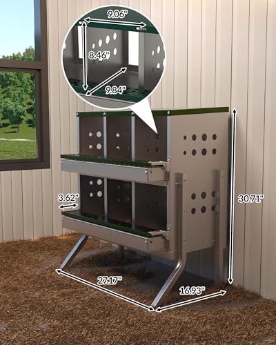 6-Compartment Chicken Nesting Box, Heavy Duty Galvanized Steel Poultry Nest Box, Wall Mount/Freestanding Design for Hens, Ducks, Backyard Homesteads & Farm Use, Dark Green, with 6 Eggs, with Stand - color: Dark Green, size: 6 Room&eggs