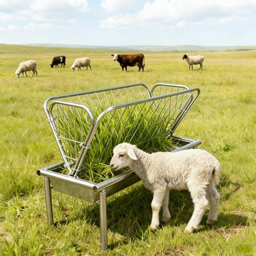 4-Ft Heavy-Duty Galvanized Steel Hay Feeder, 2-in-1 Goat Feeder with Deep 6" Grain Pan, Large Capacity Pasture Feeder for Livestock, Ideal for Cows Pigs Ponies