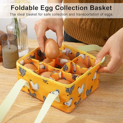 Removable Egg Collecting Basket, Egg Basket for Gathering Fresh Eggs with 9 Pouches, Foldable Canvas Egg Holder, Collector Egg for Chicken, Duck, Goose, Collection (Yellow-flowered Chicken) - style: Yellow-flowered Chicken