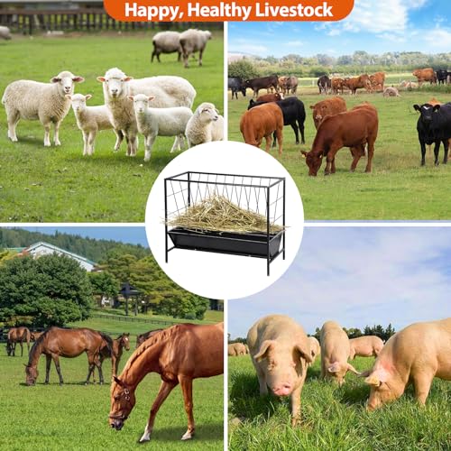 Pasture Hay Feeder 45 Gallon for Farms | Hay Grain Livestock Feeder with 24 Gallon Feed Pan, Livestock Feeding Trough, Feeding Goats, Calves, Cow, Horse