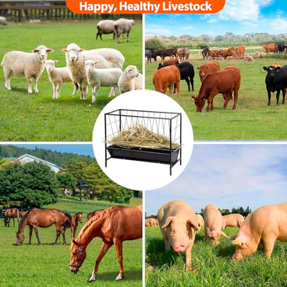 Pasture Hay Feeder 45 Gallon for Farms | Hay Grain Livestock Feeder with 24 Gallon Feed Pan, Livestock Feeding Trough, Feeding Goats, Calves, Cow, Horse