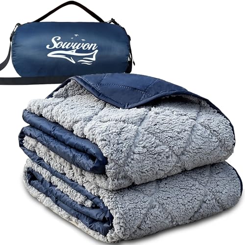 Waterproof Outdoor Blanket 92"x60" Large Sherpa Fleece 300GSM Navy | Stadium Blankets for Camping, Packable, Windproof Emergency Throw for Grass Picnic Hiking Road Trip, Machine Washable - color: Sherpa Navy-300 Gsm, size: 92"x 60"