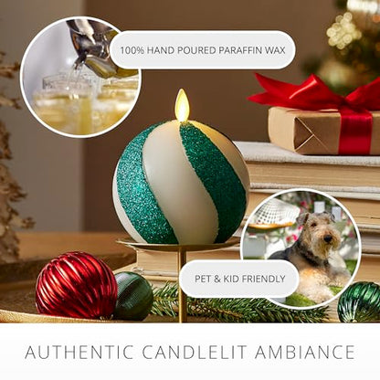 Luminara - Flameless Holiday Crystal Beads Glitter Sphere Candle - Candy Cane Green- Pack of 1-4x4.25 - Auto Timer Built-in 5-Hour Timer Indoor Use - color: Candy Cane Green
