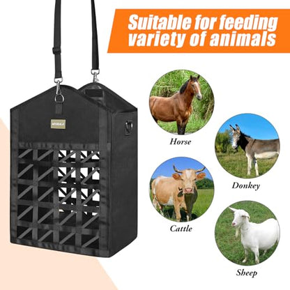 Ultra-Slow Feed Hay Bags for Horses,Two-Sided Premium Oxford Hay Bags with Large Opening,Top with Hook-and-Loop Closure,Adjustable Dual-Purpose Strap for Easy Hanging (Black, Large 2 Pack) - size: Large 2 Pack
