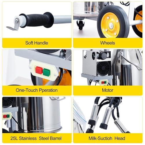 Electric Milking Machine for Cows, Farm Bucket Milker, Automatic Pulsation Vacuum Milker Machine with 25 L 304 Stainless Steel Bucket, Silicone Hose, Cleaning Brush