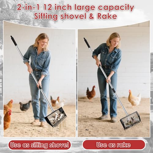 Sand Flea Rake, Heavy Duty Sand Sifter with 23" - 66" Adjustable Stainless Steel Handle, Large Litter Scoop for Beach, Chicken Coop, Farm, Garden & Yard