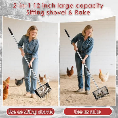 Sand Flea Rake, Heavy Duty Sand Sifter with 23" - 66" Adjustable Stainless Steel Handle, Large Litter Scoop for Beach, Chicken Coop, Farm, Garden & Yard