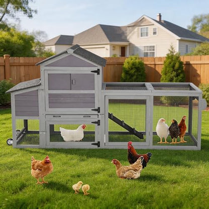 Chicken Coop Wooden with Wheels, Expandable Outdoor Chicken Tractor with Nesting Box & Pull-Out Tray, Easy-Clean Poultry Coop for 2–3 Chickens & Ducks - color: Grey
