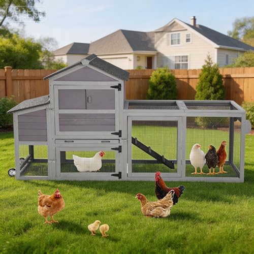 Chicken Coop Wooden with Wheels, Expandable Outdoor Chicken Tractor with Nesting Box & Pull-Out Tray, Easy-Clean Poultry Coop for 2–3 Chickens & Ducks - color: Grey