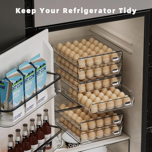 HIYOHIYO Clear 60 Grid Egg Organizer for Refrigerator with Drawers, 2-Tier | Large Capacity with Time Scale Marking | Sturdy Egg Storage for Fridge | Stackable Eggs Container for Fridge and Countertop - size: 60 Grids-2 Layer