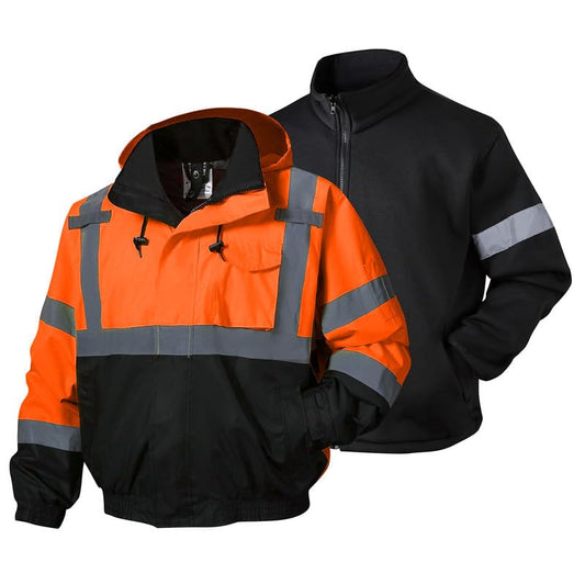 SKSAFETY 3-in-1 High Visibility Winter Bomber Jackets Zip Out Fleece Liner Reflective Safety Coats for men Waterproof ANSI/ISEA Class 3(Orange M) - color: Orange&black, size: Medium