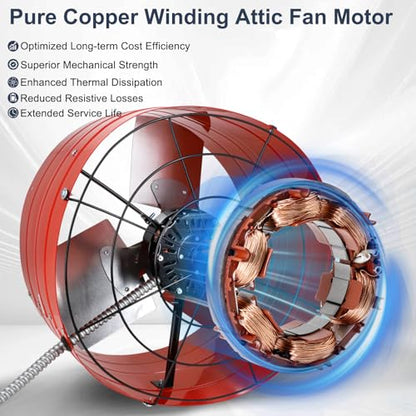 Criditpid 16 Inch Gable Mount Vent Attic Fan, Exhaust Ventilation Fan with Adjustable Thermostat for Gable, Home, Shed, Garage, Portable Building, 3.4A, 1075RPM, 2940CFM, 4200 Sq.Ft Coverage Area, Red - color: 2940CFM