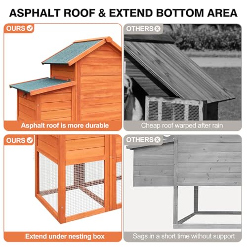 122" Large Chicken Coop Wooden Backyard Hen House - Indoor Outdoor Poultry Pet Hutch Garden Backyard Cage 2 Story Poultry Cage with Run, Chicken Nesting Box, Pull Out Trays and Anti-Slip Asphalt Ramp - color: Natural