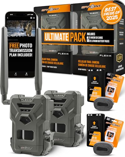 SPYPOINT Flex-M Twin Pack Cellular Trail Cameras - SD Card 2-Pack with LIT-22, Best Hunting Accessories, No WiFi Needed, GPS, Night Vision, IP65 Water-Resistant, 28MP Photos, & 720p Videos + Sound - color: Ultimate Pack- SD + LIT22, size: Pack of 2