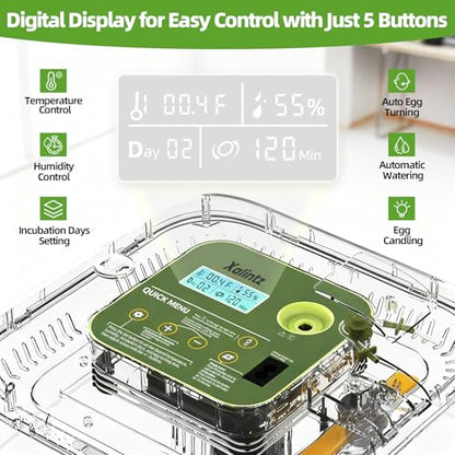 Automatic 12 Egg Incubator - Digital Temperature/Humidity Display, Hatch Day Countdown, Auto Egg Turner & Candler with 360° View for Hatching Chicken, Duck, Quail Eggs