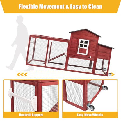 Ketive Chicken Coop with Run and Wheels, Outdoor Wooden Hen House with Nesting Box, Asphalt Roof, Removable Tray, Mobile Poultry Cage Rabbit Hutch Red - color: Red, size: 74.8"L x 22.1"W x 39.4"H