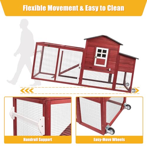 Ketive Chicken Coop with Run and Wheels, Outdoor Wooden Hen House with Nesting Box, Asphalt Roof, Removable Tray, Mobile Poultry Cage Rabbit Hutch Red - color: Red, size: 74.8"L x 22.1"W x 39.4"H